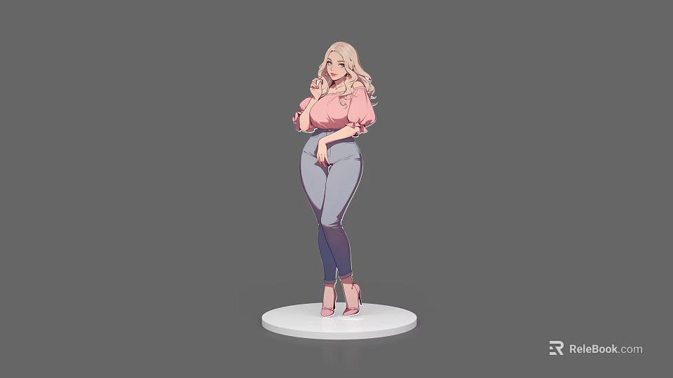 Anime Style Game Character With Blonde Hair Pink Blouse And Gray Leggings 3d model 