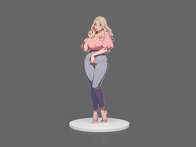 Anime Style Game Character With Blonde Hair Pink Blouse And Gray Leggings 3d model