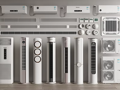 Various Air Conditioners And Fans Displayed On Wall 3d model