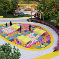 Scenic Park Landscape With Circular Yellow Paths Green Lawn Trees And Flower Beds
