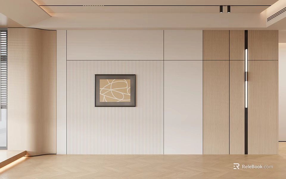 Modern Background Wall With Beige Wooden Elements Abstract Painting Vertical Stripes Minimalist Luxury Interior 3d model 