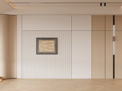 Modern Background Wall With Beige Wooden Elements Abstract Painting Vertical Stripes Minimalist Luxury Interior 3d model