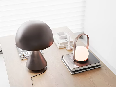 Modern Table Lamps Featuring Mushroom Black And Curved Handle White Styles On Light Wooden Tabletop 3d model