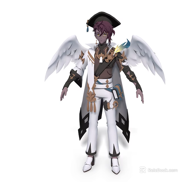 Game Movie Character With Purple Hair White Wings Graduation Cap and Golden Accented Outfit 3d model 