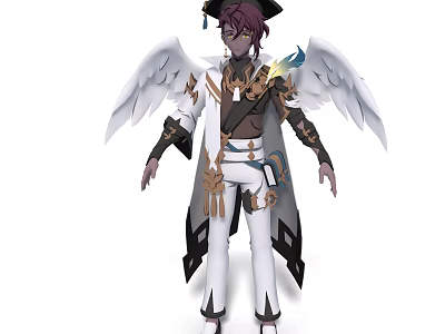Game Movie Character With Purple Hair White Wings Graduation Cap and Golden Accented Outfit 3d model