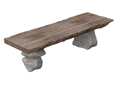 Rustic Wooden Bench With Natural Stone Supports And Solid Structure 3d model
