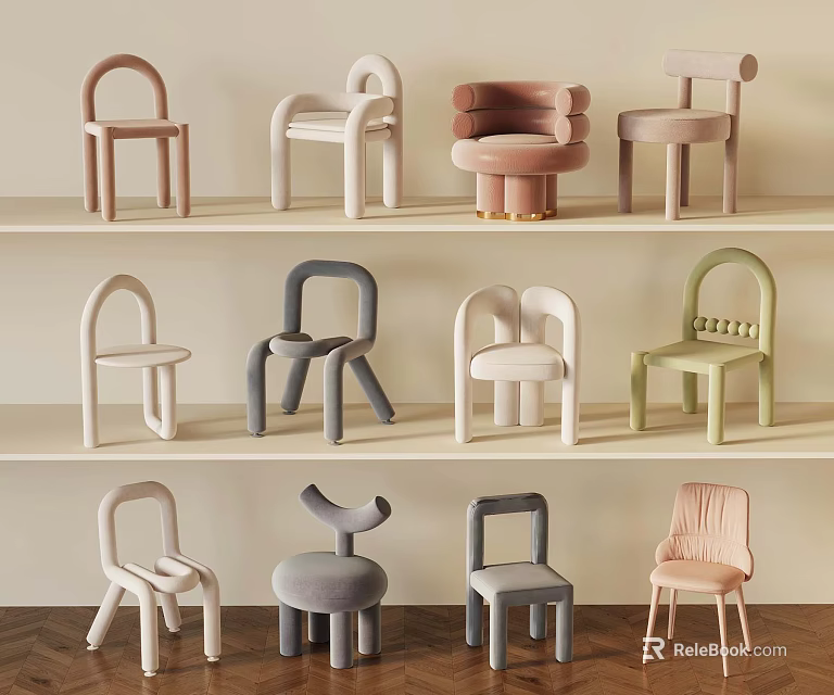 Modern Stylish Chairs With Various Colors And Designs On Shelves 3d model 