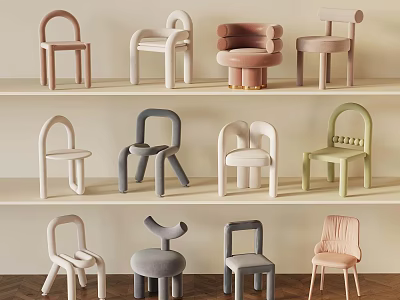 Modern Stylish Chairs With Various Colors And Designs On Shelves 3d model