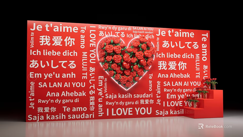 Romantic Multilingual I Love You Photo Check-in Spot With Red Heart Shape And Red Roses 3d model 