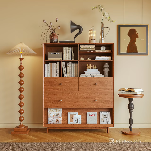 Cozy Wooden Bookcase with Stacked Books Decorative Items and Floor Lamp 3d model 