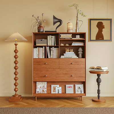 Cozy Wooden Bookcase with Stacked Books Decorative Items and Floor Lamp 3d model