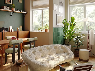 Modern Living Room Interior Featuring Curved Sofa Green Walls Windows And Potted Plants 3d model