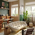 Modern Living Room Interior Featuring Curved Sofa Green Walls Windows And Potted Plants