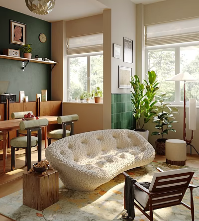 Modern Living Room Interior Featuring Curved Sofa Green Walls Windows And Potted Plants 3d model