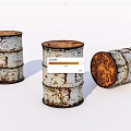 Three White Rusted Metal Barrels With Brown Rust Two Upright One Lying On White Background