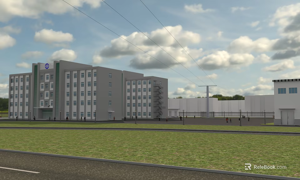 Modern Multistory Industrial Factory Building With Gray Exterior Large Windows Green Lawn And Clear Sky 3d model 