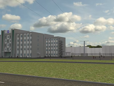 Modern Multistory Industrial Factory Building With Gray Exterior Large Windows Green Lawn And Clear Sky 3d model