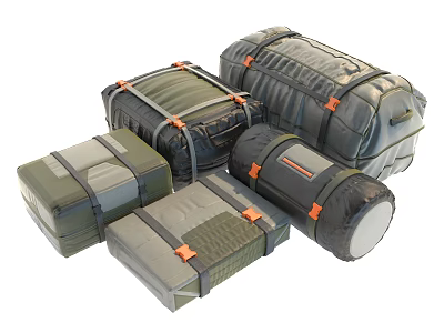 Various Sizes And Shapes Of Green And Gray Luggage With Orange Straps And Buckles 3d model