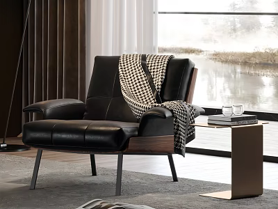 Black Leather Leisure Chair with Plaid Blanket and Side Table with Glasses Books by Window 3d model