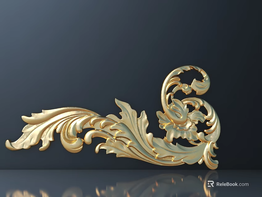 Golden Ornate Carving With Intricate Scroll And Leaf Patterns On Dark Background 3d model 