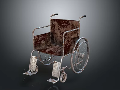 Rusted Vintage Old Wheelchair With Metal Frame Large Wheels And Footrests 3d model