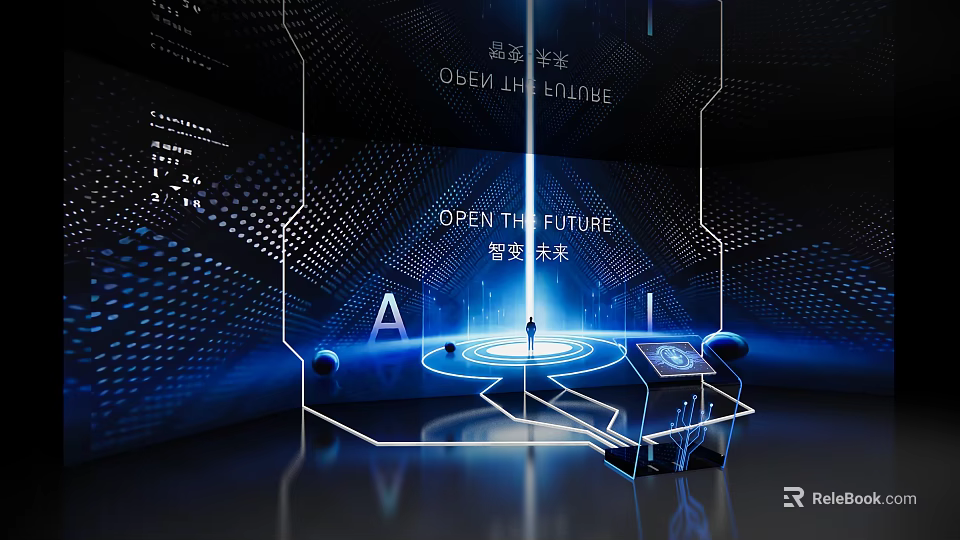 Hi tech Exhibition Hall Interior with Open the Future AI and Interactive Illuminated Displays 3d model 