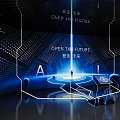 Hi tech Exhibition Hall Interior with Open the Future AI and Interactive Illuminated Displays