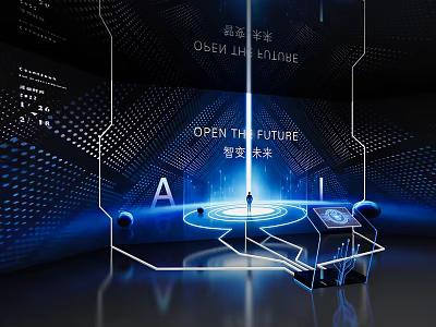 Hi tech Exhibition Hall Interior with Open the Future AI and Interactive Illuminated Displays 3d model