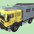 Yellow Utility Truck With Solar Panels On Roof Side Ladder And Equipment