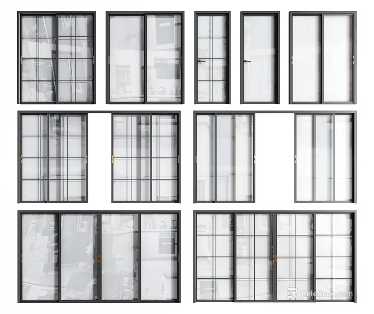Various Modern Glass Window Designs With Metal Frames And Different Pane Styles 3d model 