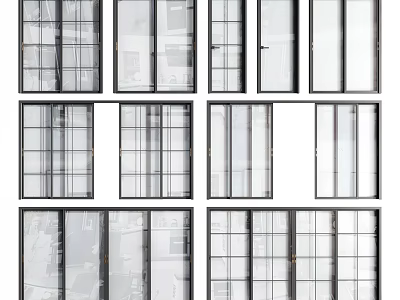 Various Modern Glass Window Designs With Metal Frames And Different Pane Styles 3d model