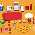 Assorted Fast Food With Hamburgers Fries Pizza Hotdogs Drinks Containers Plates And Condiments