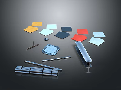 Various Colored Construction Components With Geometric Sheets Metal Strips And Connectors 3d model