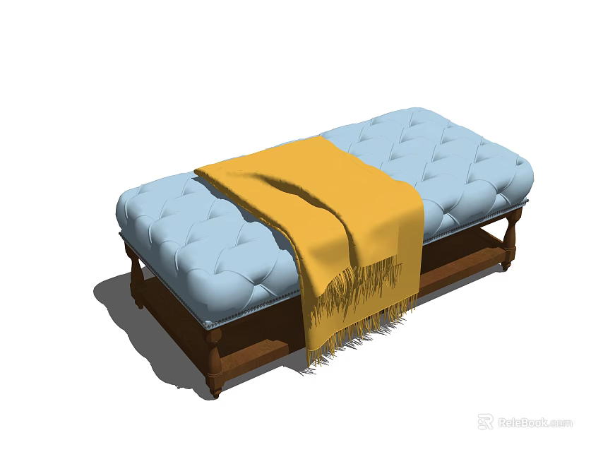 Light Blue Tufted Sofa Bench With Yellow Blanket And Wooden Legs 3d model 