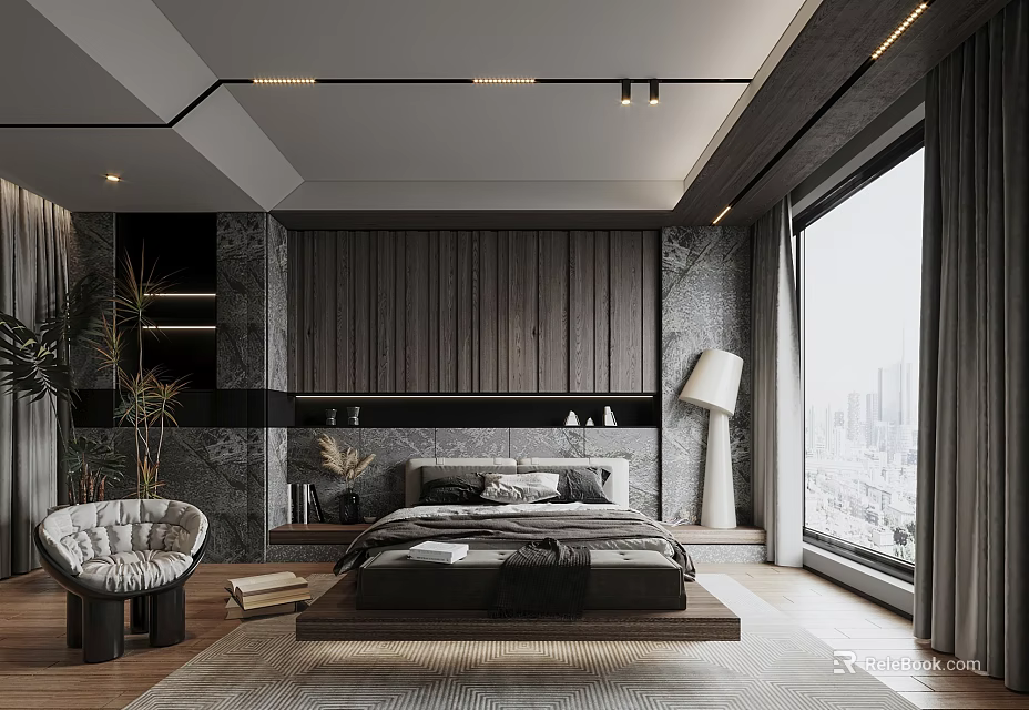 Modern Bedroom Interior Design With Platform Bed Wooden Wall Panel And Floor To Ceiling Window 3d model 