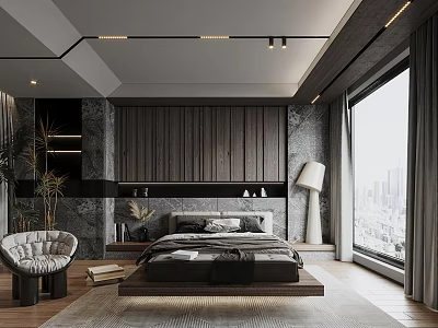 Modern Bedroom Interior Design With Platform Bed Wooden Wall Panel And Floor To Ceiling Window 3d model
