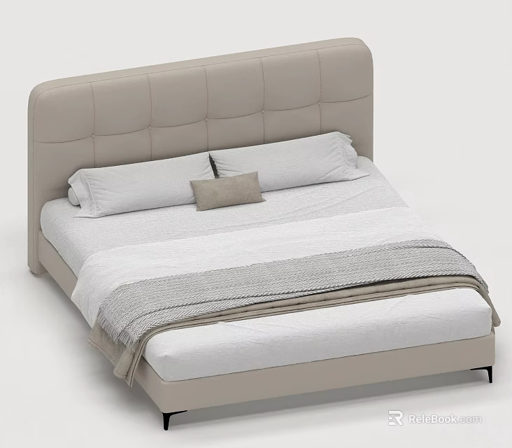 Modern Double Bed With Beige Upholstered Headboard White Sheets And Blanket 3d model