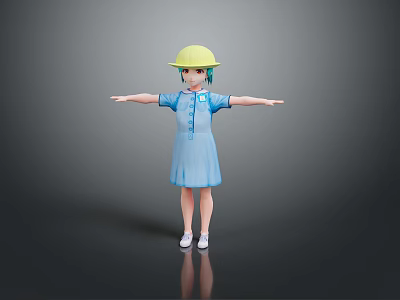Woman in Blue Dress Wearing Yellow Hard Hat with Arms Outstretched 3d model