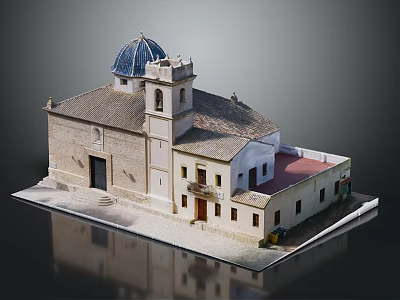Detailed Traditional Building Model With Blue Dome Roof Tower Windows And Door 3d model