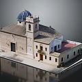 Detailed Traditional Building Model With Blue Dome Roof Tower Windows And Door