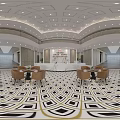 Modern Front Desk Reception Area With Marble Floor Sofa Seating Tables And Green Plants