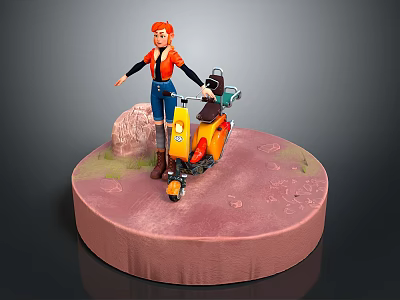 Red Haired Female Game Movie Character With Yellow Orange Scooter And Small Animal On Base 3d model