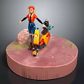 Red Haired Female Game Movie Character With Yellow Orange Scooter And Small Animal On Base