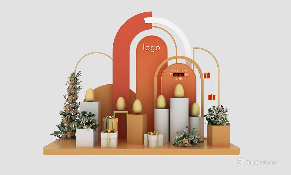 Logo Display Stand With Golden Eggs Gift Boxes And Festive Decor Elements 3d model 