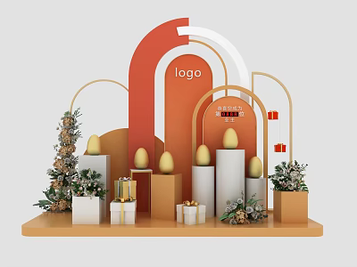 Logo Display Stand With Golden Eggs Gift Boxes And Festive Decor Elements 3d model