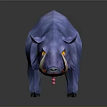 Blue Boar with Yellow Eyes and White Tusks Standing Against Black Background with Reflection