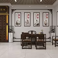 Traditional Chinese Style Hallway With Wooden Furniture Hanging Paintings Bookshelves And Bright Floor