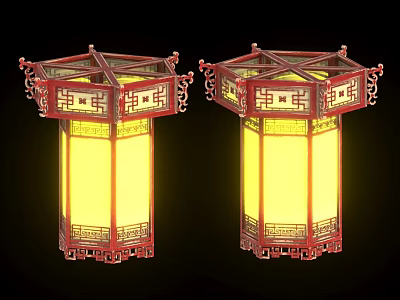Traditional Chinese Octagonal Red Lanterns With Carved Patterns Hollowed Out Design And Yellow Light 3d model