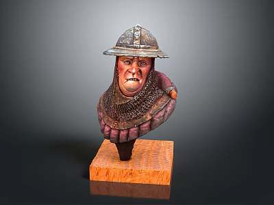 Man's Detailed Sculpted Bust Wearing Medieval Helmet With Chainmail On Wooden Base 3d model
