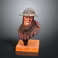 Man's Detailed Sculpted Bust Wearing Medieval Helmet With Chainmail On Wooden Base